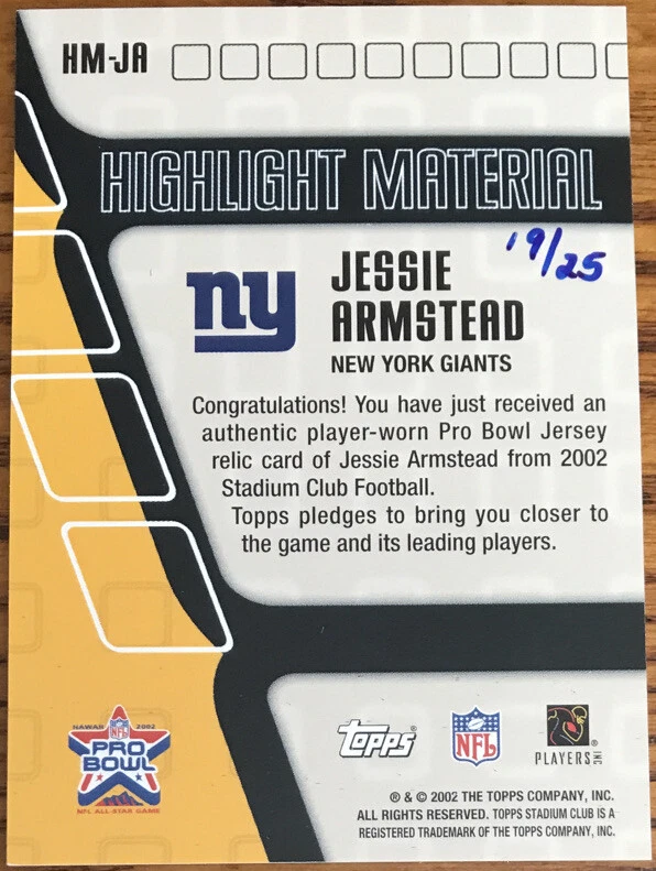 2002 Stadium Club Highlight Material GOLD RARE Jessie Armstead HM-JA #’d 19/25 - Image 2 of 2