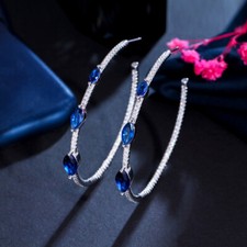 Women Trendy Blue Marquise Cubic Zirconia Big Circle Hoop Earrings Silver Plated