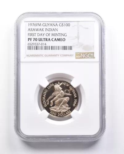 PF70 UCAM 1976 FM Guyana 100 Dollars Gold Arawak Indian FDOM NGC *6586
