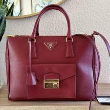 PRADA GALLERIA RARE LUX SAFFIANO 2WAY TOP HANDLE SATCHEL BURGUNDY BAG  LARGE