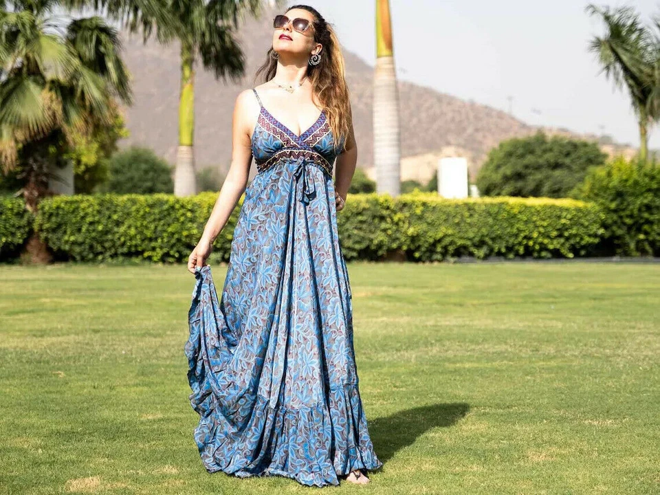 Mujeres Indio Vintage Sari Seda Maxi Vestido-Boho Gitano Hippie Halter Vestido Lote de 5 piezas Foto 3 de 4