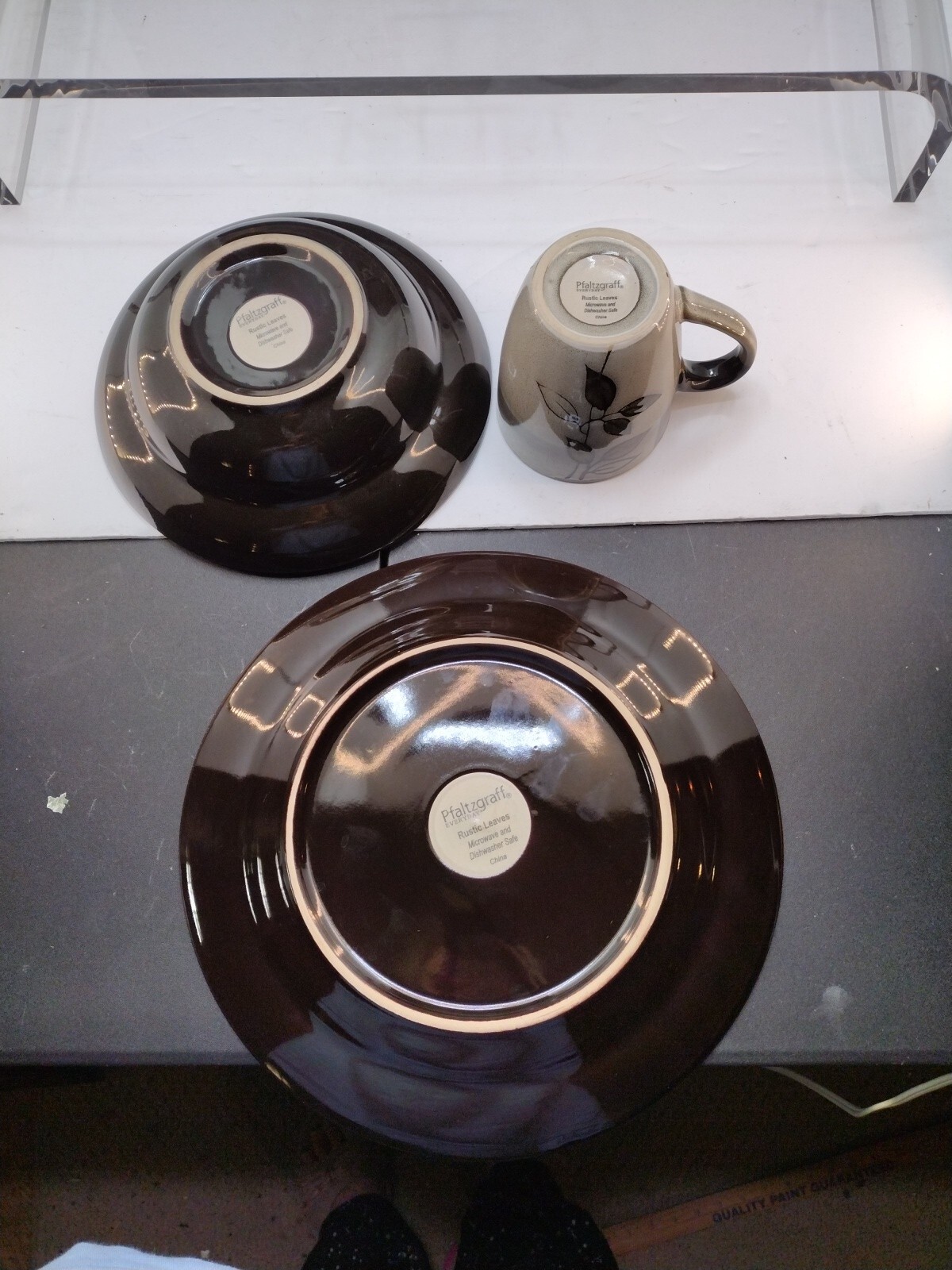 Set Of 3 Pfaltzgraff Rustic Leaves , 11"plate,8"W Deep Bowl, 12 oz coffee cup.