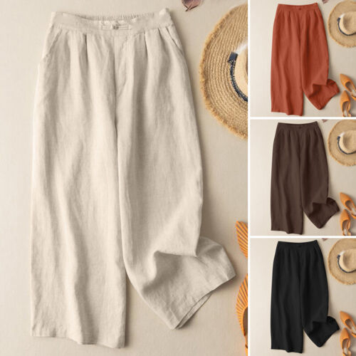 UK Women Elastic Waist Button Open Trousers Chino Wide Leg Pants Plus Size