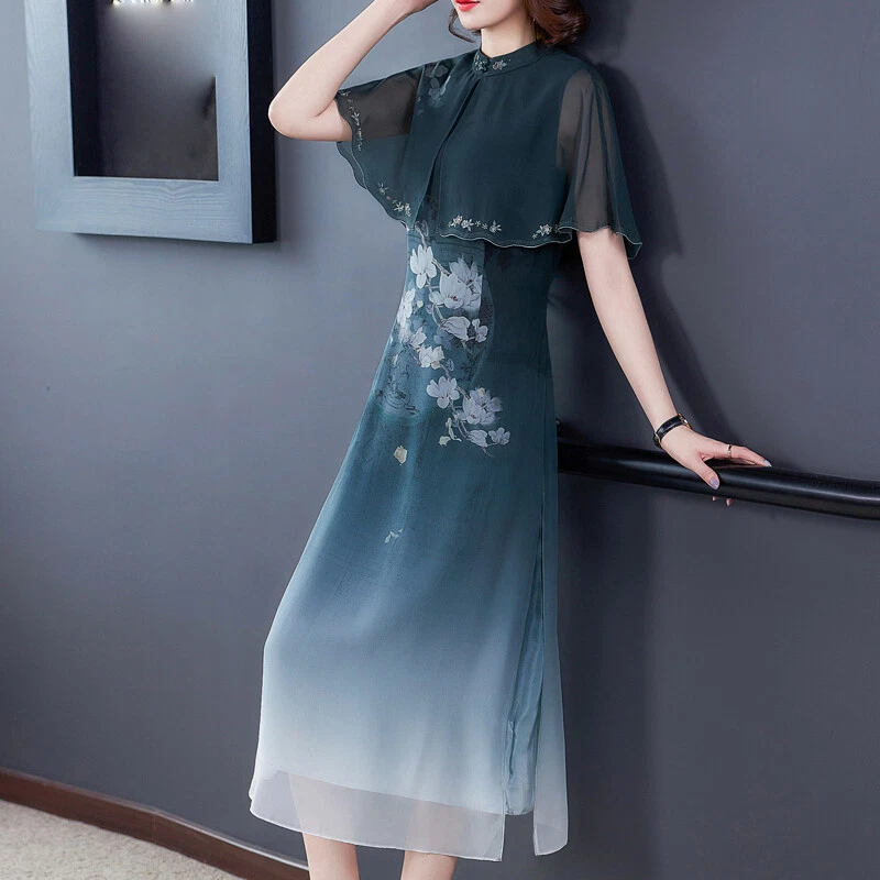 Lady Retro Long Dress Chiffon Cape Collar Floral Elegant Chinese