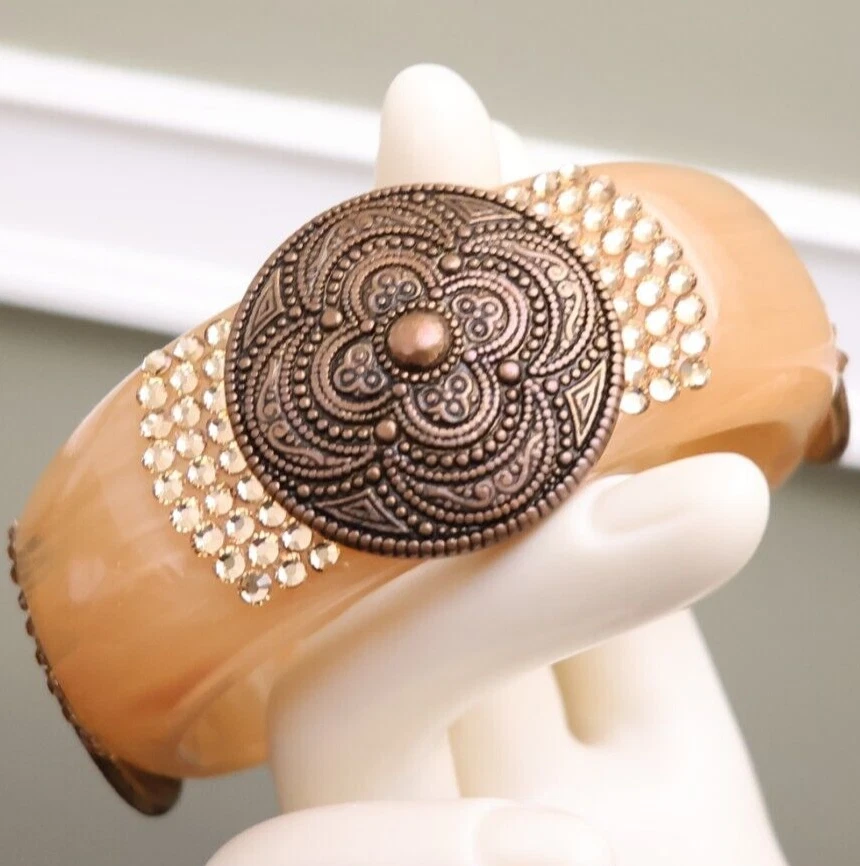 Tarina Tarantino bracelet beige Lucite bangle w/ medallions bronze tone - Image 3 of 4