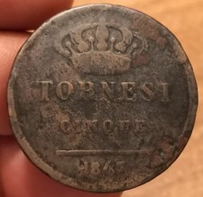 5 Tornesi 1847, Regno Due Sicilie Ferdinando II, Molto Rara R2, Rif. 3082