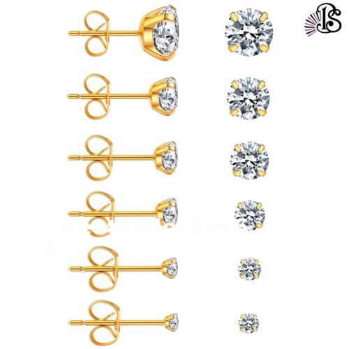 6 Pairs Stainless Steel Round Cubic Zirconia Stud Earrings Set for Men Women - Picture 14 of 46