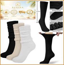 Women Slouch Socks Crew Scrunch Short Soft Stretch 3 Pair Black White Cream