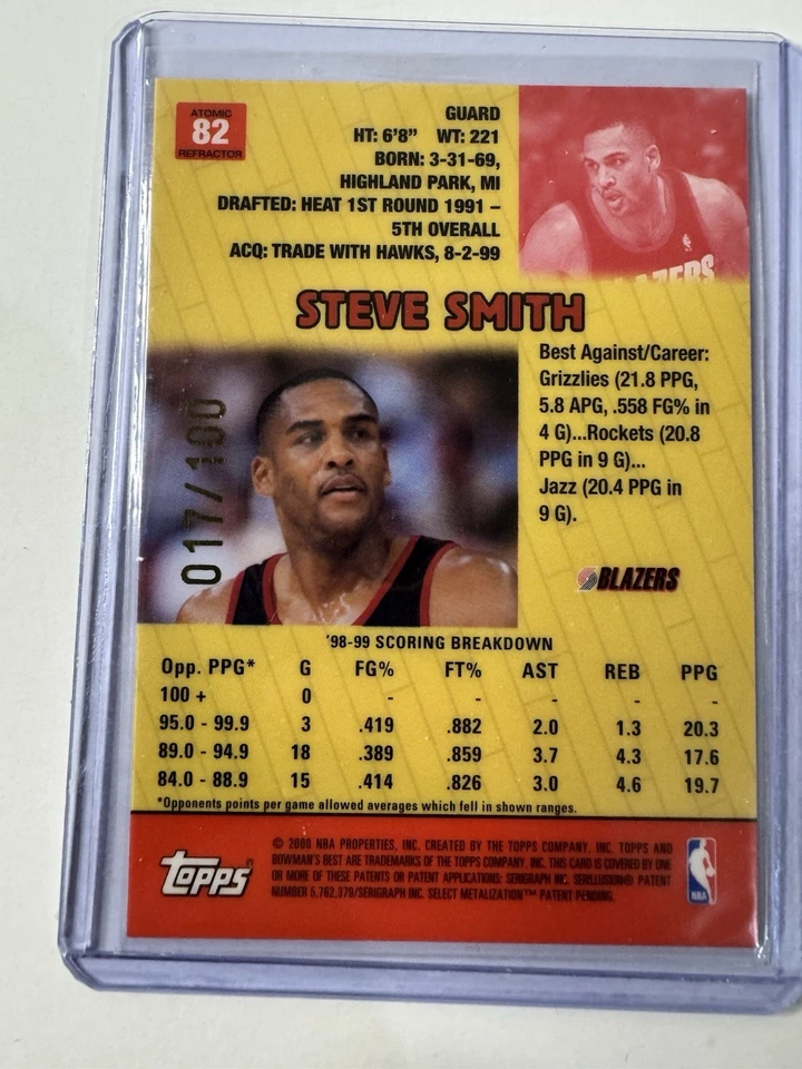 Steve Smith 1999-00 Bowman's Best Topps refractor atómico/100 Foto 2 de 3