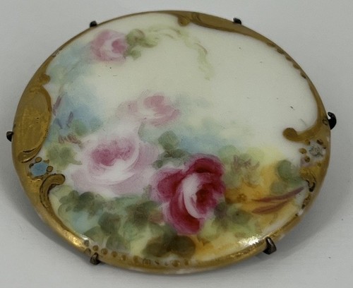 Spilla antica porcellana vittoriana dipinta a mano floreale rosa foglia rosa fiore - Foto 2 di 9