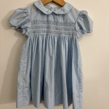 Vtg Cherubs Blue Smocked Toddler Girl Dress Embroidered Flower Buds Size 2t