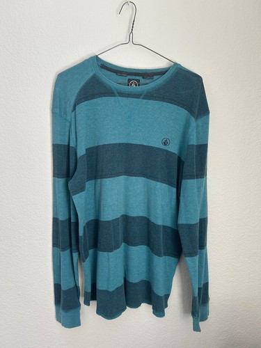 Volcom Mens XL Striped Waffle Thermal Long Sleeve Shirt Teal Blue Stone Logo