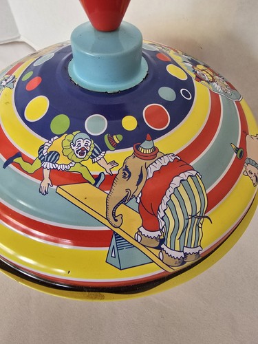 Vintage Style Spinning Metal Tin Top w/ Circus Clowns Elephants Pig Dog Duck Toy - Picture 7 of 12