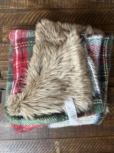 Pottery Barn Stewart Plaid Faux Fur Back Throw Ivory NWOT - Picture 2 of 4
