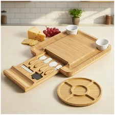 Charcuterie Board Set with Accessories Drawer - Real Bamboo Cheese Board & St...