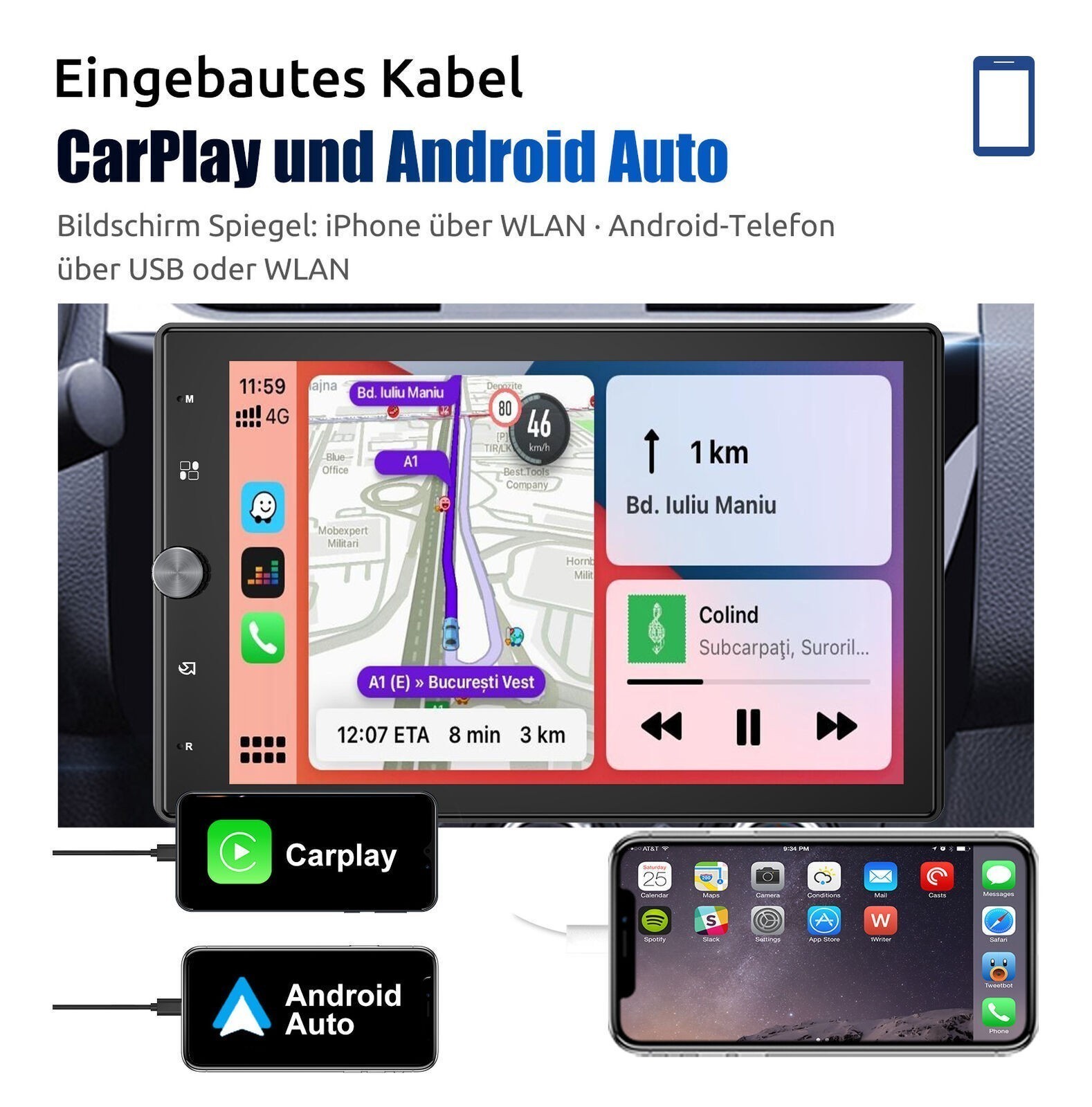 Autoradio 1 DIN 10,4" Apple Carplay Android Auto + Fotocamera Bluetooth USB AUX TF EQ foto 6