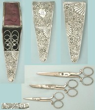 Ornate Antique Engl Sterling Silver Scissors Case w/ 3 Scissors * 1893 Hallmarks
