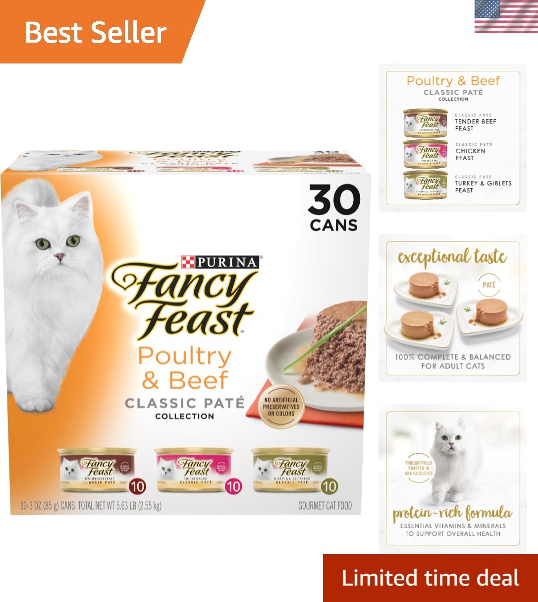 Gourmet Grain-Free Cat Food Variety Pack: Poultry & Beef Classic Pate 30 Cans