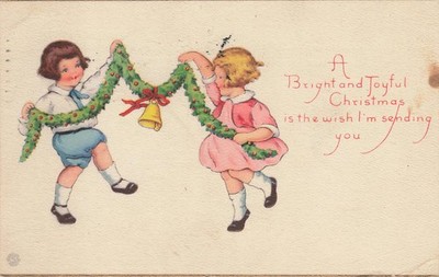 1922 Christmas Postcard Children Garland Bell Ridgewood MA Postmark