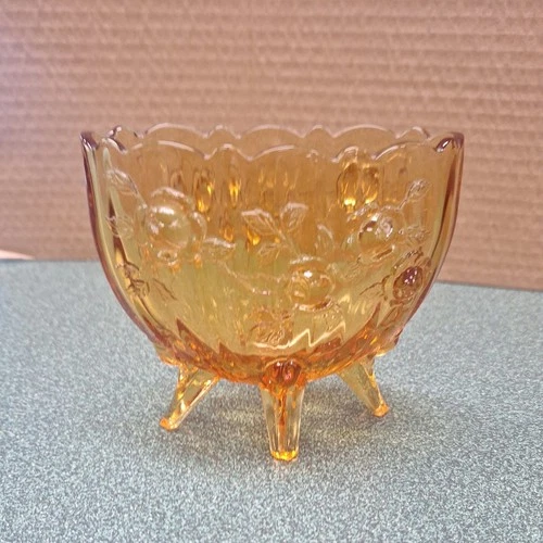 1940s Fenton Amber Gold Cabbage Rose Footed Oval Vase Bowl – 2.25"x4.5"x5"