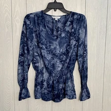 Counterparts Blue Long Sleeve V-Neck Elastic Waist Blouse Size Small