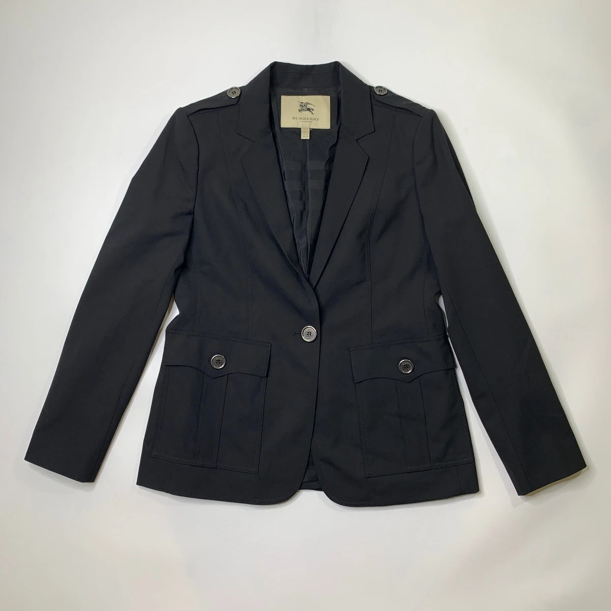 Blazer Burberry London para mujer 12 mezcla de lana de un solo pecho charretera hombro