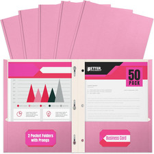 Pink Paper 2 Pocket Folders with Prongs, 50 Pack, Matte Texture, Letter Size Pap