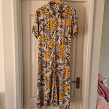Innocence Size 16 Shirt Dress Yellow Black Floral Belted Midi Holiday Beach