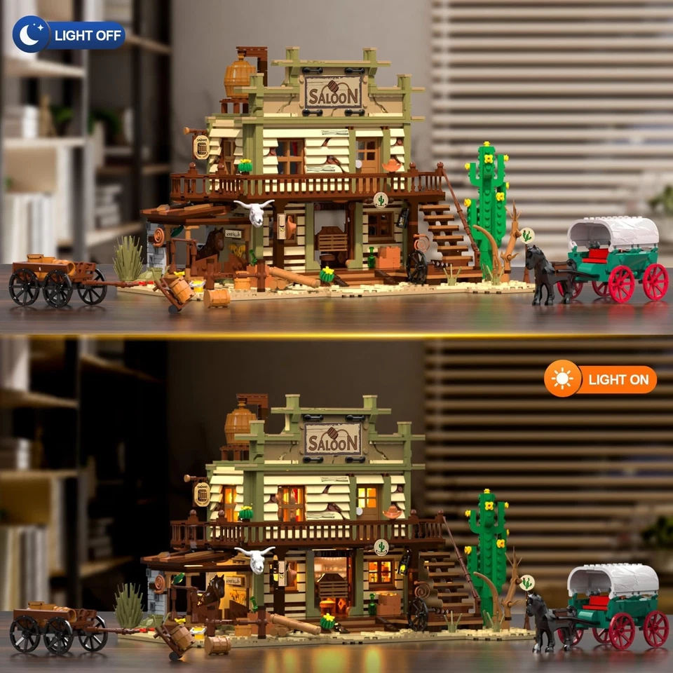 Western Saloon Building Set with LED Light, Wild West Building Block Toy 1727PCS - Image 3 of 4