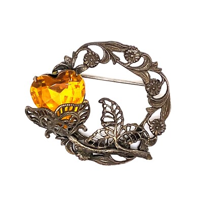 VTG Estate Sterling Silver w/ Heart Orange Rhinestone Flower Brooch Pin ...
