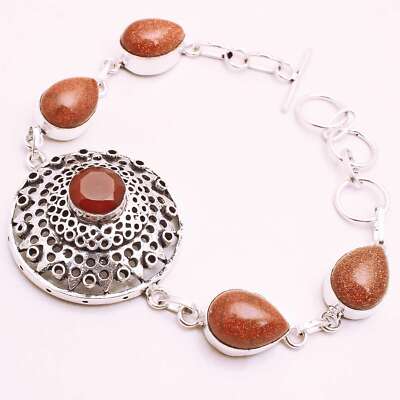 Sun Stone Gemstone Silver Plated Bracelet Handmade Jewelry Gift 22 Gms BR-1048