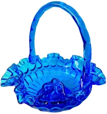 Fenton Art Glass Colonial Blue Thumbprint Pattern Ruffled Basket with Handle 