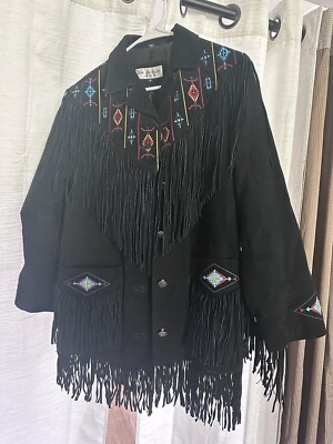 VINTAGE WOMEN S LEA MAGRAM AZTEC WESTERN LEATHER FRINGE JACKET BLACK SIZE SMALL