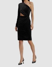 $399 Halston Womens Black Velvet One-Shoulder Cutout Waist Bodycon Dress Size 10