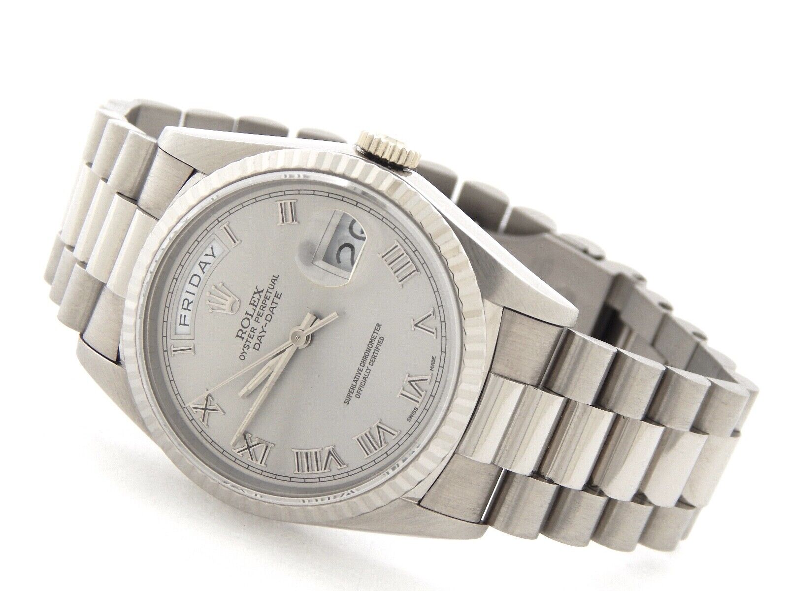 Rolex Day Date President 18239 Mens White Gold Watch Silver Roman Dial | eBay