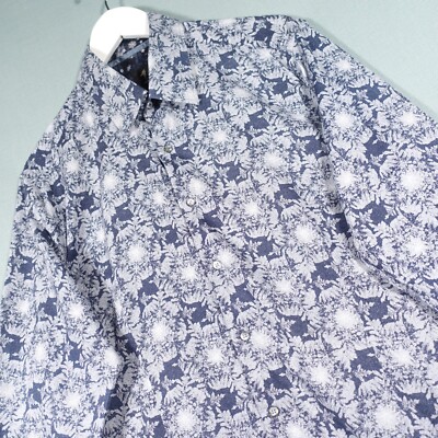 1 Like No Other Hemd Herren Three Slim Fit Blau Weiß Blumen Knopfleiste Oberteil Limitiert