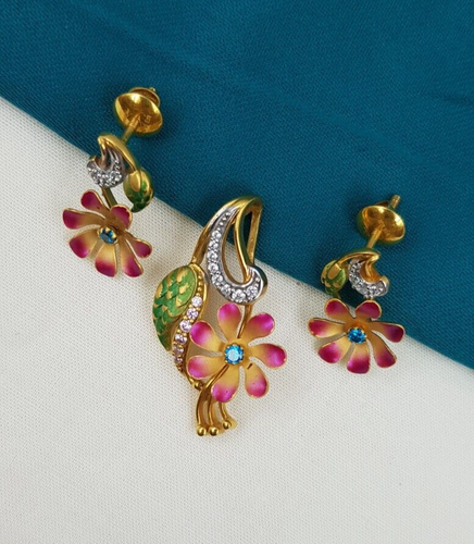 Fabulous Design Gold Pendant With Earrings 22K Real Gold Flower Stylish Look Set - Picture 3 of 6