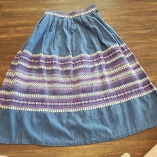 Vintage Hand Made Boho Denim Skirt Purple Embroidery Small Pleated Flowing