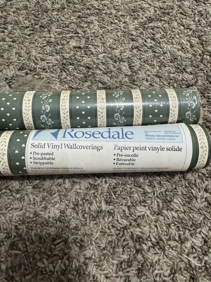 Papel Pintado Rosedale Vintage CS3156 Verde y Marfil Rayas Corazones y Flores 2 Rollos Foto 2 de 4