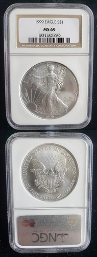 1999 American Silver Eagle 1 Oz Graded NGC MS69 Brown Label 24383