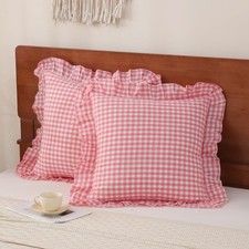 Pink Gingham Ruffle Euro Pillow Cases 100 Washed Cotton Like Linen Feel Soft...