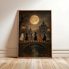 Vintage Halloween Trick or Treat Kids Haunted Castle Moon Wall Art Poster