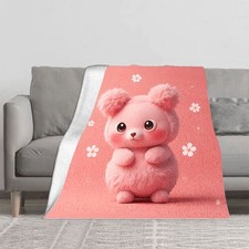 Cute Fluffy Pink Bear Design Flannel Blanket - Soft Cozy Durable for Sofa Travel