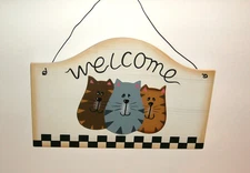 Cat Trio Welcome sign--wood 9 x 6 x 1/4 in.--wire hanger--indoor, outdoor