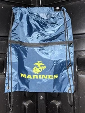 MARINES Blue w Yellow Logo Nylon Drawstring Book Bag Backpack w Zipper Pocket