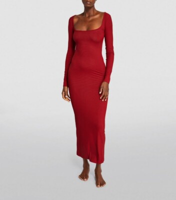 SKIMS Red Body Shaping Stretch Ribbed Modal Bodycon Maxi Dress L