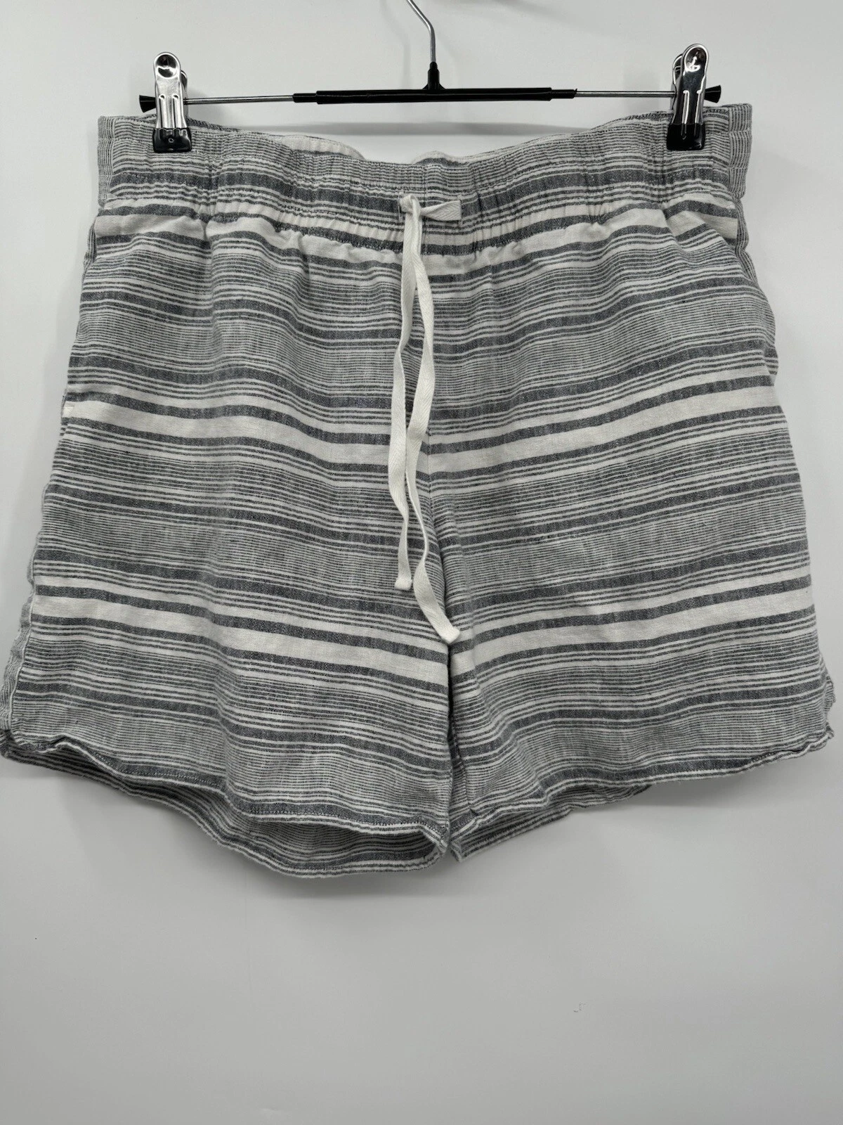 J. Jill Medium Linen Striped Shorts Womens Gray White Elastic Drawstring Casual