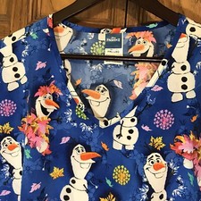 Disney Frozen Movie V-Neck Top Women's 2XL Blue Poly Spandex Scrubs 2 Pockets