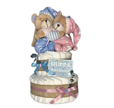 DUBISTDA Windeltorte Zwillinge Bärengeschwister | 2x Spieluhr | Geschenk Geburt Zwillinge