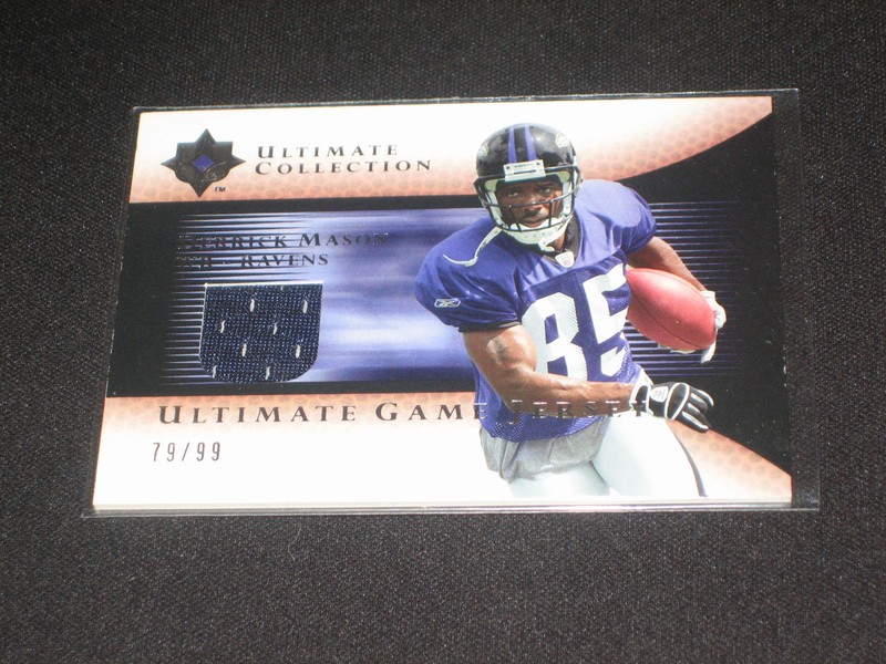 DERRICK MASON RAVENS LEGEND AUTHENTIC EVENT GAME USED JERSEY CARD #/99